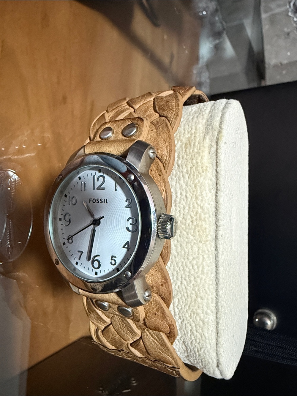 Fossil Women's Silver Dial Watch with Braided Tan Leather Band